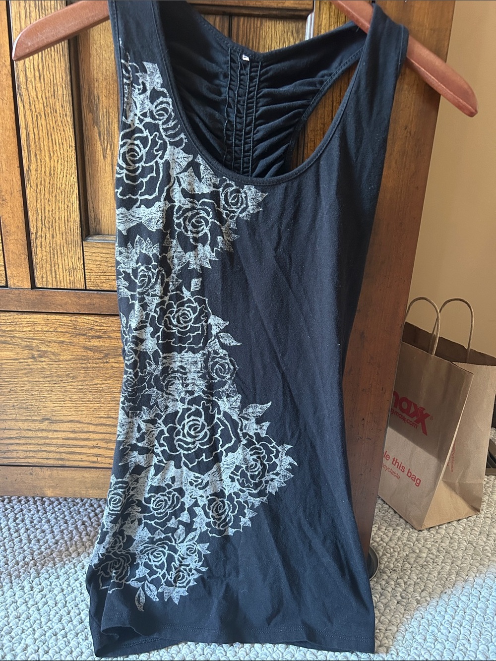 Black Floral Tank Top with Silver Rose Print